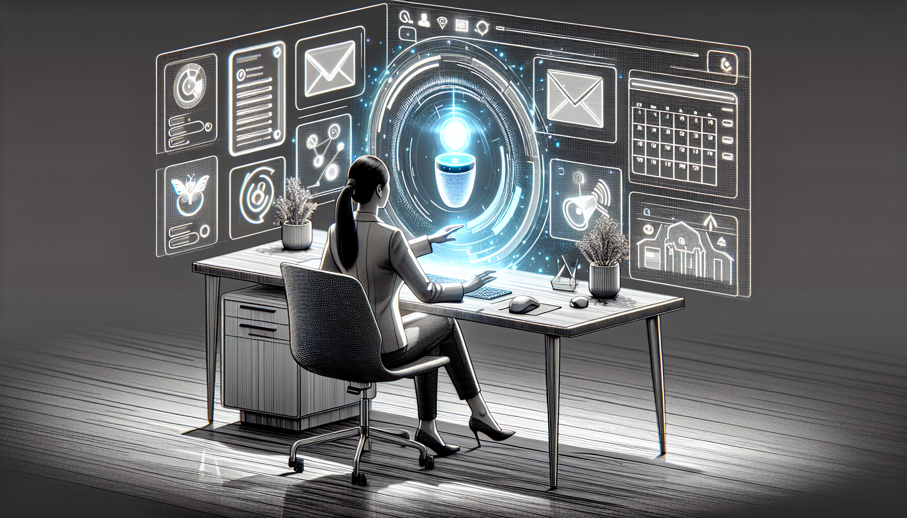 A person sitting at a desk interacting with a futuristic holographic computer interface with various icons and data displays.