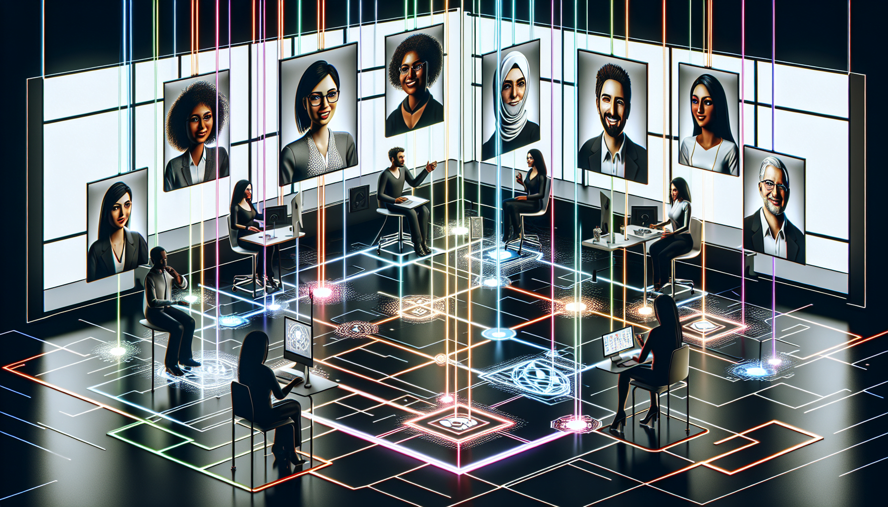 A futuristic office scene with diverse individuals working at computer stations, surrounded by screens displaying their portraits, all connected by glowing neon lines on the floor.