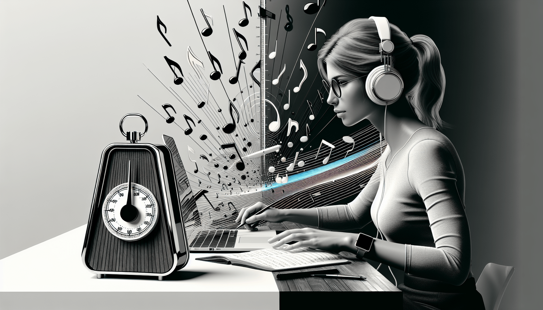 A stylized monochromatic image of a woman with headphones using a laptop, with musical notes flowing from the screen, and an antique clock on the table.