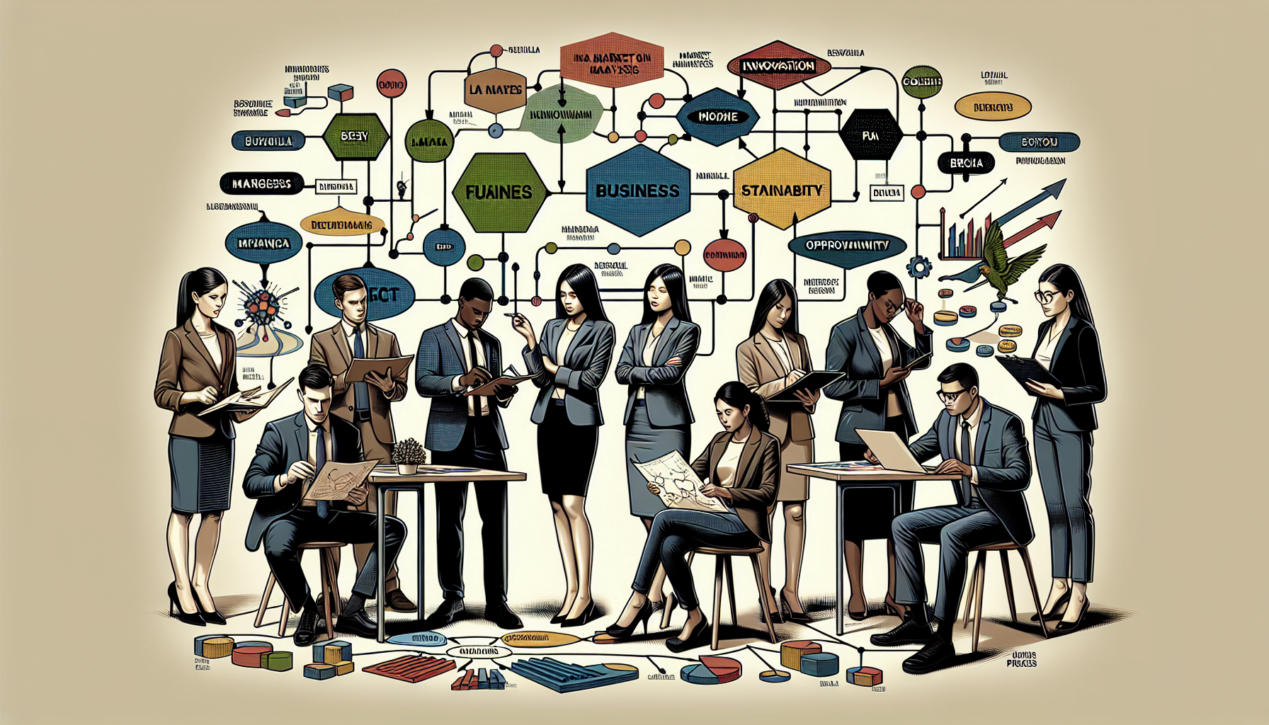 Illustration of a group of business professionals engaged in various activities such as discussing, using laptops, and reviewing documents, with a backdrop of interconnected, colorful thought bubbles representing business concepts like marketing, innovation, and strategy.