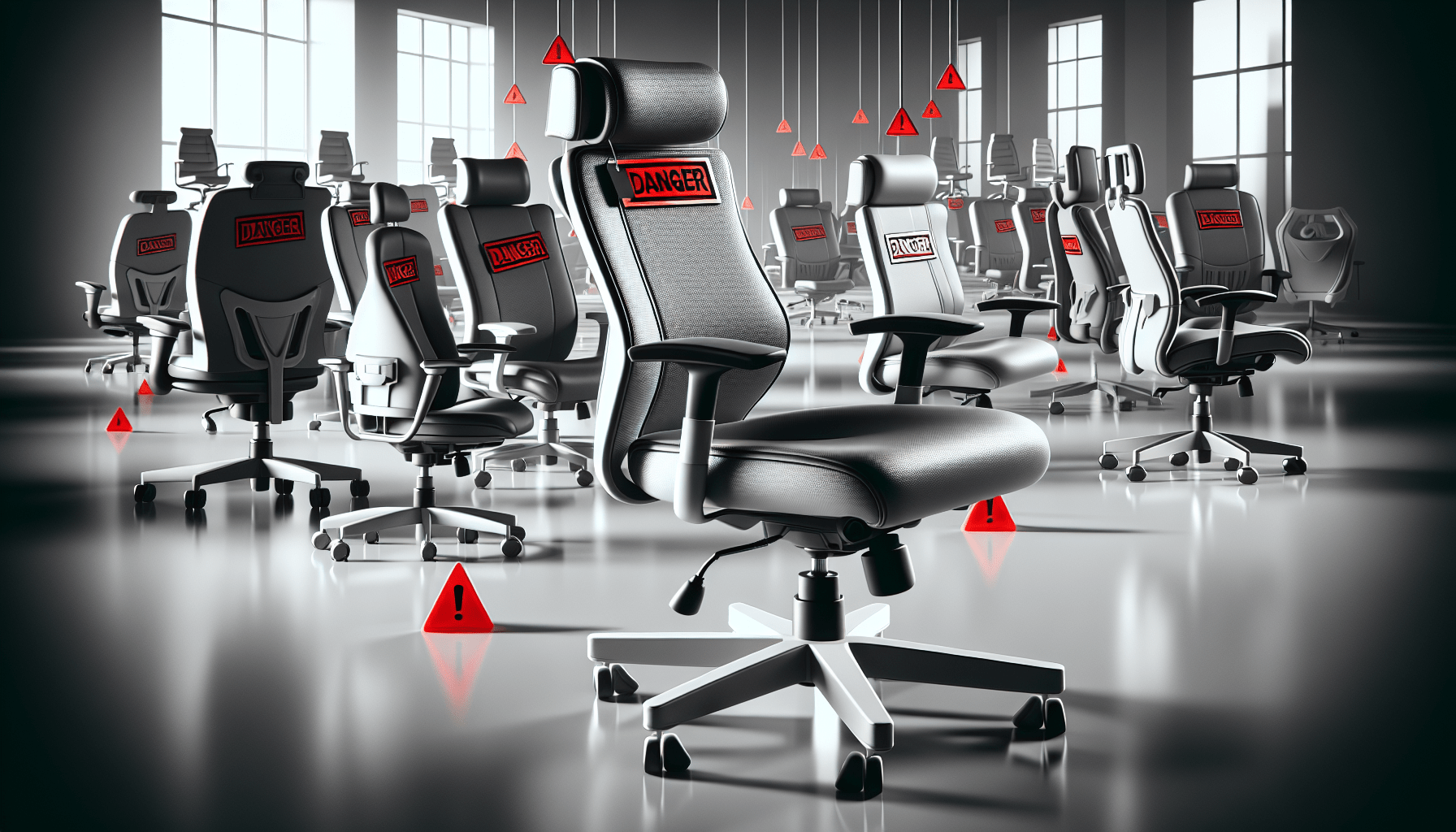 A room filled with black and gray office chairs, with red "DANGER" signs hanging above and placed around them.