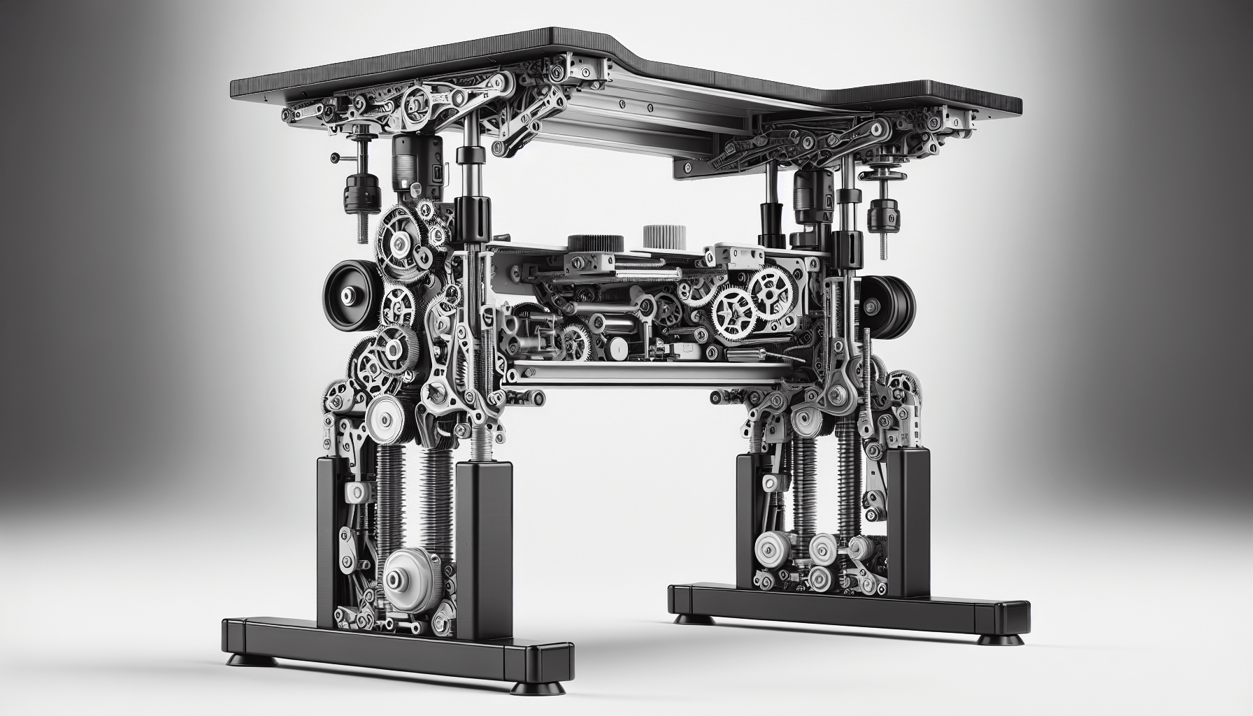 An intricate mechanical table with visible gears, springs, and mechanical components on a gray background.