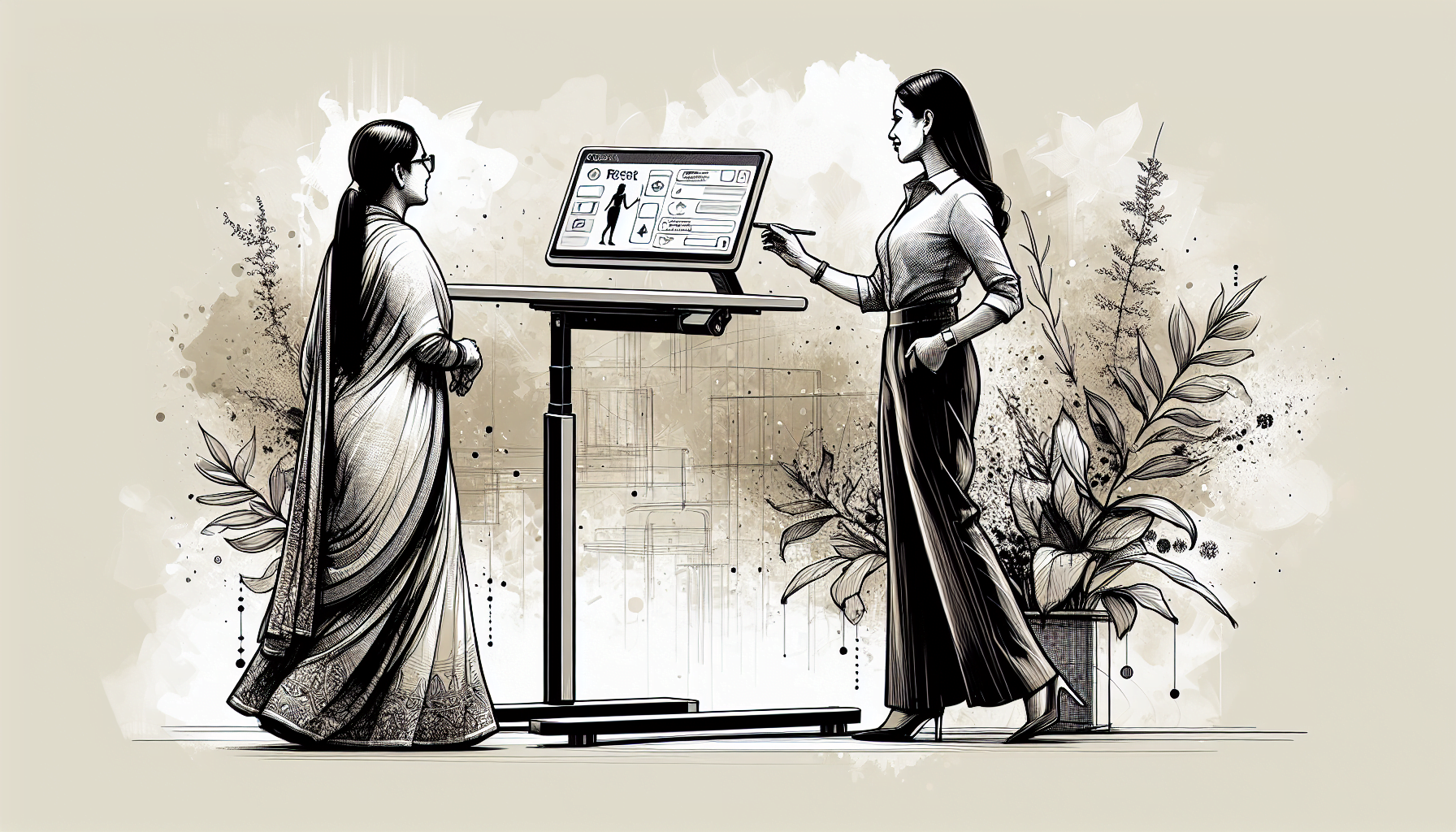 Illustration of two women in traditional attire discussing over a digital presentation on a stand, with botanical elements in the background.